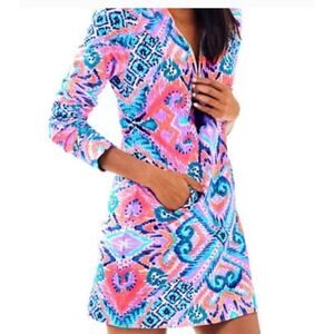 Lilly Pulitzer Skipper Popover Dress XL Pink Blue Geometric Tunic Shift Resort
